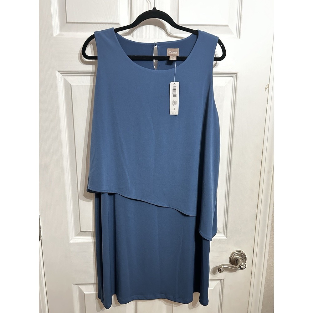 NWT Chicos 3 Olivia Double Layer Dress Knee Length Sleeveless Blue Knit Stretch